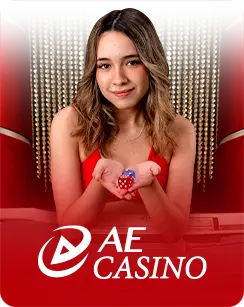 Woman in a red dress posing with the AE Casino logo displayed below.