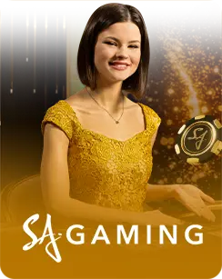 Woman in a yellow dress smiling with the SA Gaming logo displayed at the bottom.