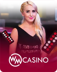 Blonde woman in a black outfit posing with the WM Casino logo displayed below.