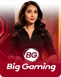 Woman with long dark hair posing against a red background with the Big Gaming logo displayed below.