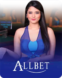 Woman in a blue dress posing with the Allbet logo displayed at the bottom.