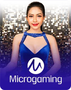 Woman in a blue dress posing with the Microgaming logo displayed at the bottom.