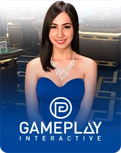 Woman in a blue dress posing with the Gameplay Interactive logo displayed at the bottom.