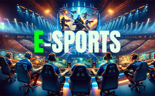 E-Sports promotional banner showing professional gamers competing on stage with large screens and arena lighting.