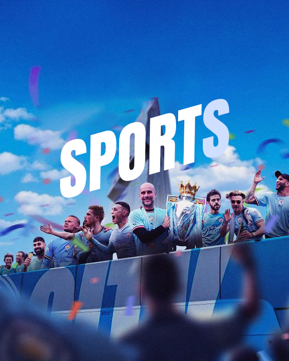 Sports promotional banner featuring football players celebrating with a championship trophy under large “SPORTS” text.