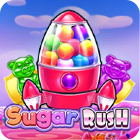 Sugar Rush slot game icon featuring a colorful candy dispenser surrounded by gummy bear candies.