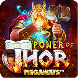 Power of Thor slot game icon featuring a muscular Norse god holding a hammer with lightning effects.
