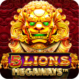 5 Lions Megaways slot game icon featuring a golden lion statue with glowing green eyes on a red background.