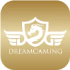 DreamGaming logo featuring a white winged shield emblem on a gold background.