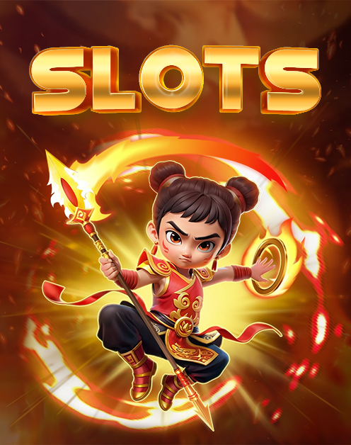 Slots promotional banner featuring an animated warrior character wielding a flaming spear beneath bold “SLOTS” text.