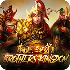 Brothers Kingdom slot game artwork featuring three armored warriors in a dramatic battle-themed setting.
