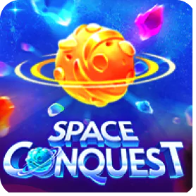 Space Conquest slot game icon featuring a glowing golden planet with orbiting rings in a cosmic background.