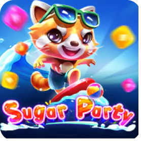 Sugar Party slot game icon featuring a cheerful cartoon dog wearing goggles surrounded by colorful candies.