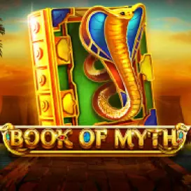 Book of Myth slot game icon featuring an ancient golden book with a decorative serpent emblem.