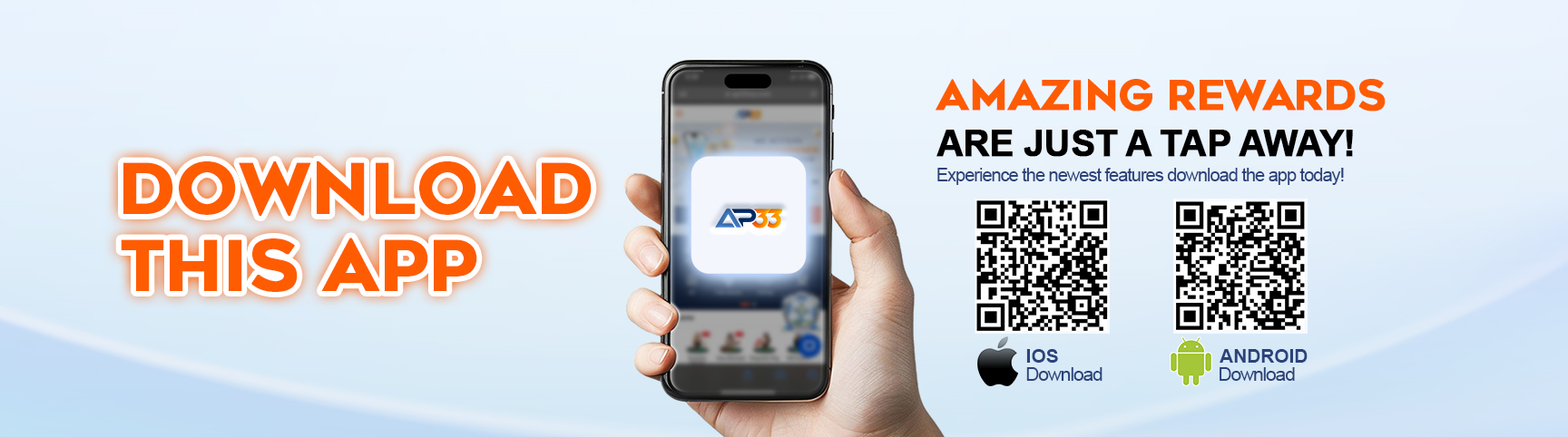 AP33 app download banner showing a smartphone with the AP33 logo, QR codes for iOS and Android, and text promoting rewards.