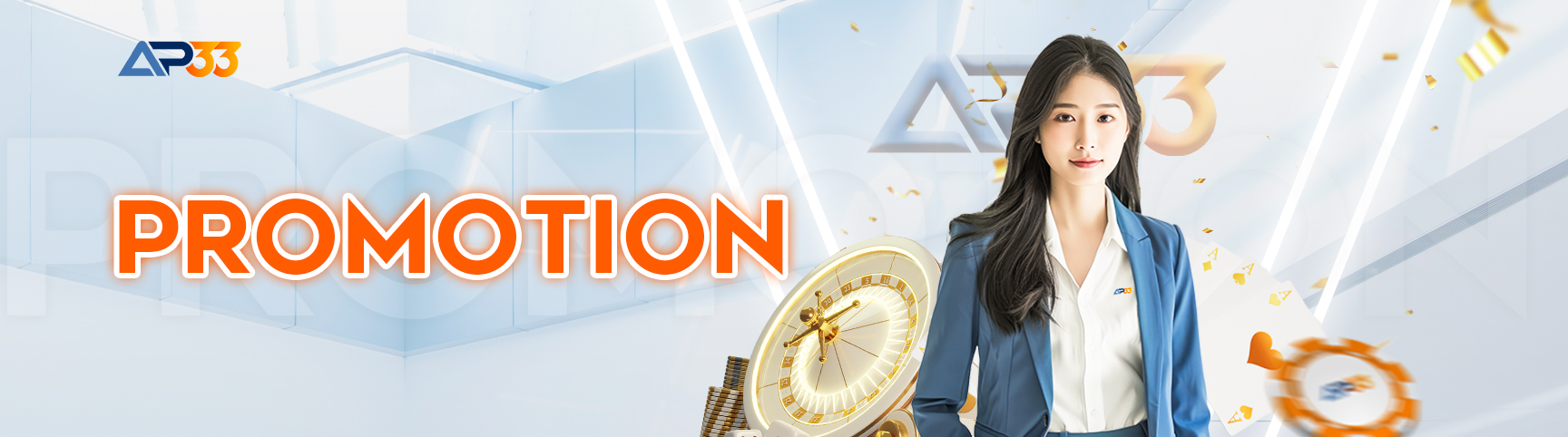 AP33 promotion banner featuring a woman in a blue blazer standing beside a golden roulette wheel with bold “PROMOTION” text.