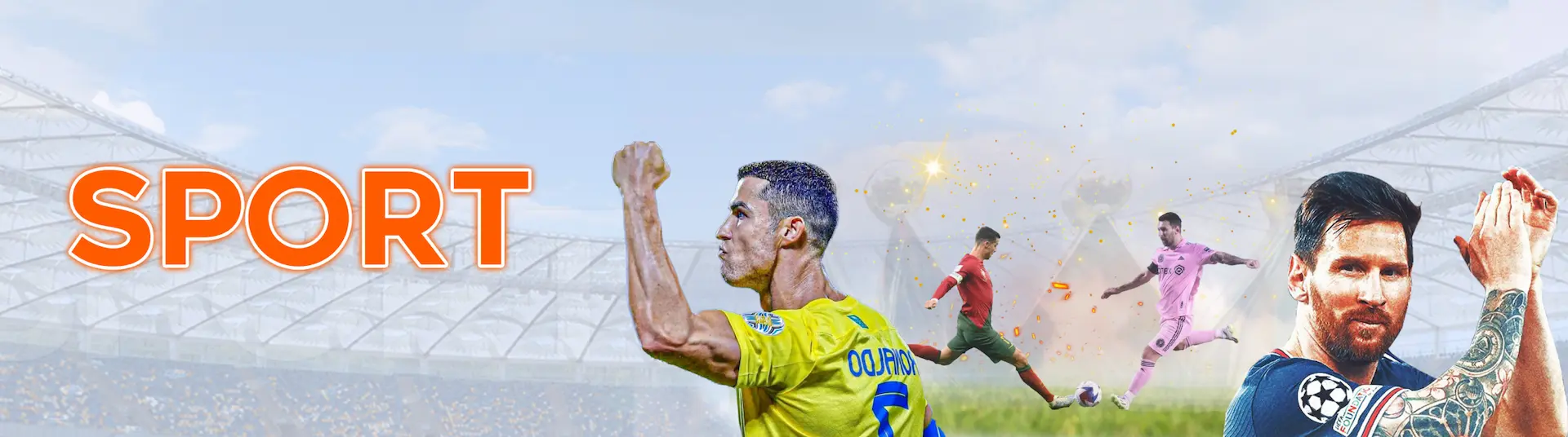 Sports banner featuring professional football players in action inside a stadium with bold “SPORT” text.