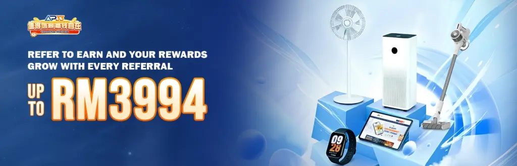 AP33 referral promotion banner offering up to RM3994 with home appliances and gadgets as rewards.