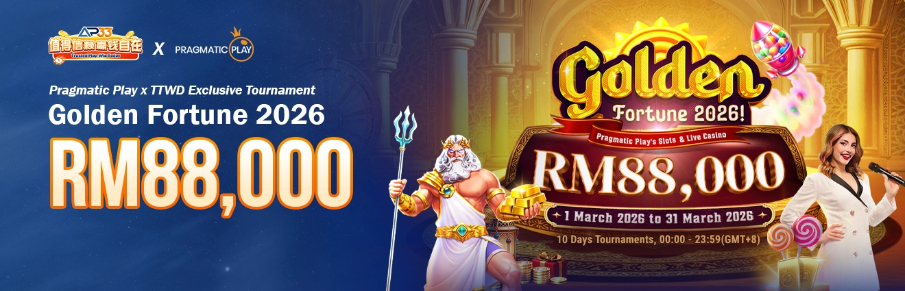 AP33 and Pragmatic Play Golden Fortune 2026 tournament banner featuring RM88,000 prize pool with Zeus character, casino host, and colorful slot-themed visuals.