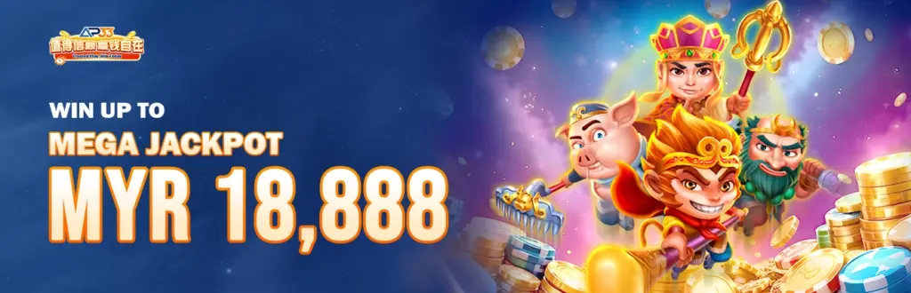 AP33 Mega Jackpot promotion banner offering up to MYR 18,888 with animated characters and gold coins.
