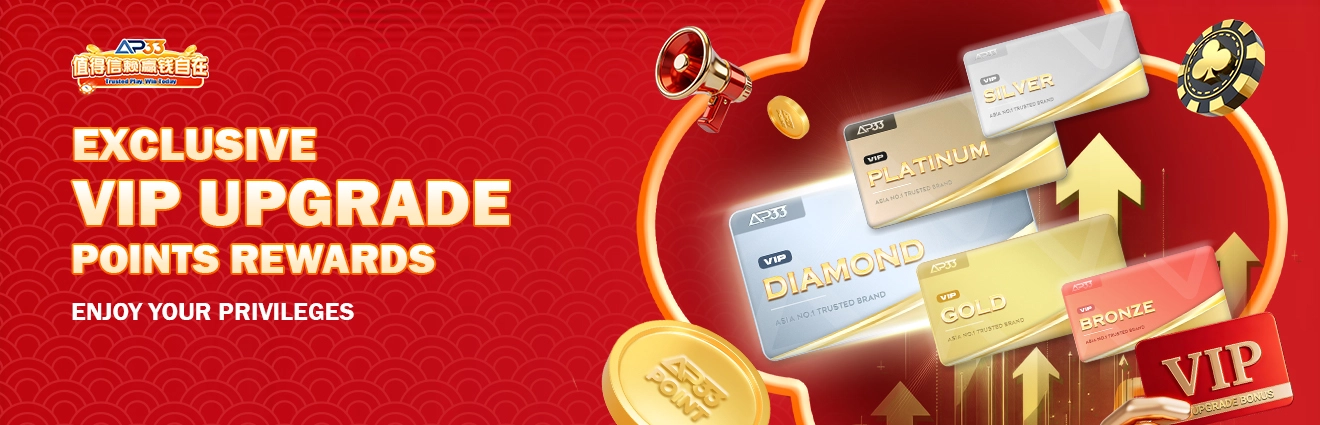 AP33 promotional banner showing exclusive VIP upgrade rewards with tier cards including Bronze, Silver, Gold, Platinum, and Diamond levels.
